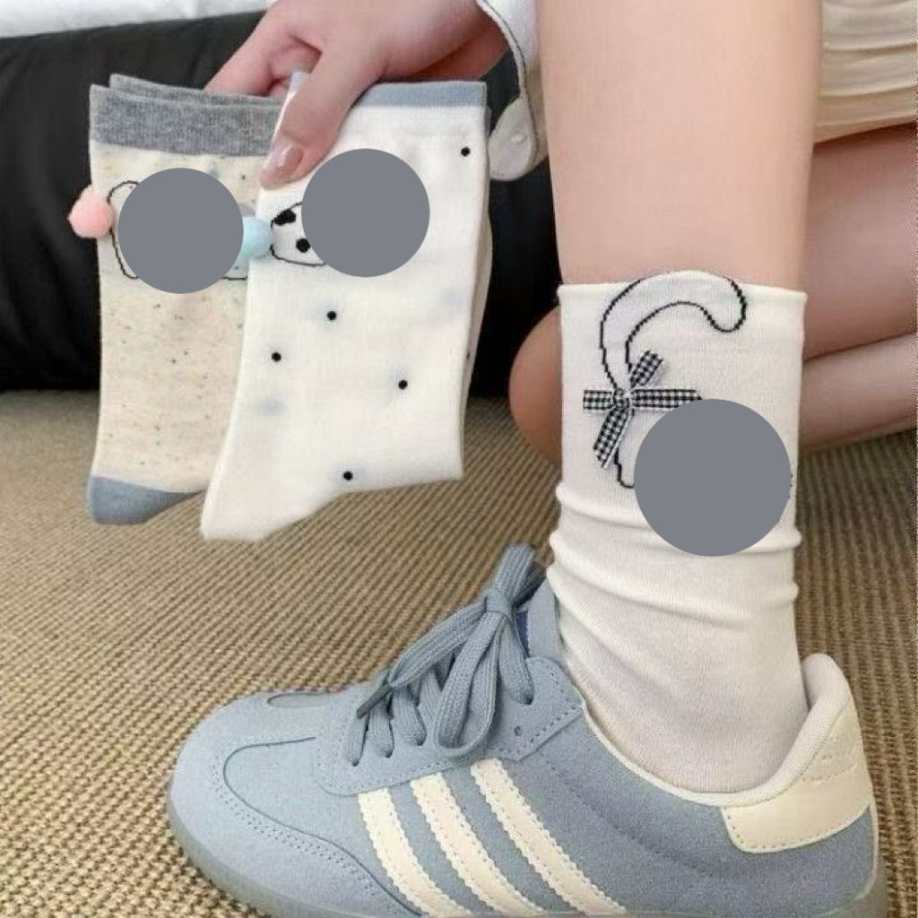 秋季韩版ins薄款蝴蝶结可爱袜子女中筒卡通小狗无骨堆堆中筒