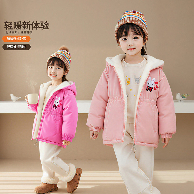 女童连帽外套冬装2025新款加绒加厚儿童韩版冬季小公主收腰风衣潮