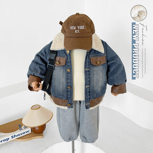 风之谷2024冬季新款童装儿童美式复古加绒牛仔外套男童拼接加厚款