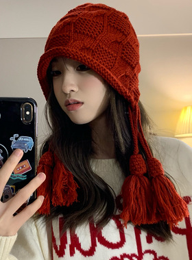 WN新年红色帽子女秋冬保暖毛线流苏套头帽手工针织护耳帽日系ins