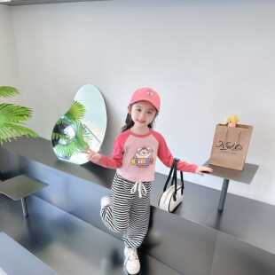 条纹休闲拼色打底上衣套装春秋季新款中小童宝男宝女宝裤子可开档