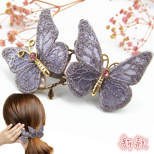 蝴蝶韩版刺绣浪漫一字弹簧夹