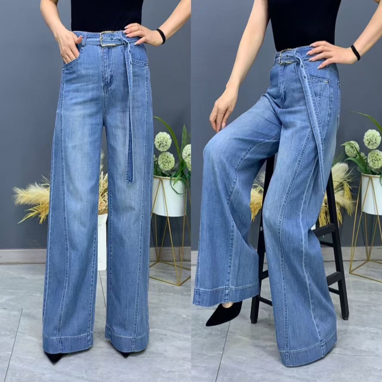 高腰系腰带阔腿牛仔裤女春夏新款