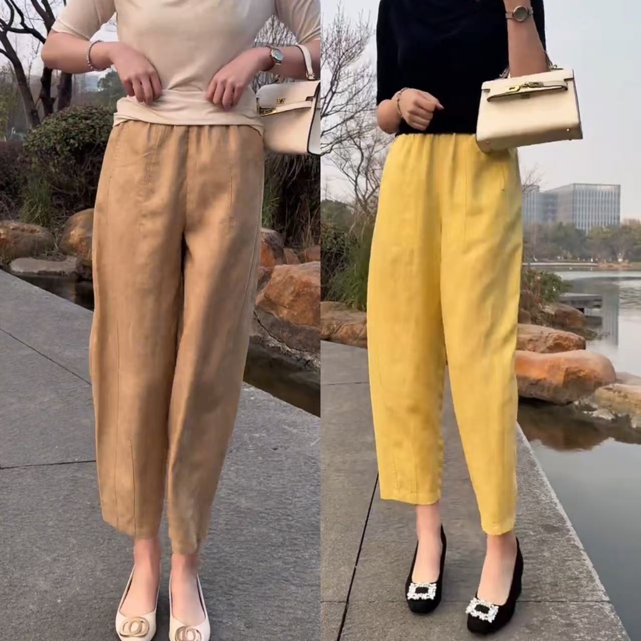 天丝亚麻裤女2025新款哈伦裤夏季薄款小个子九分裤垂感松紧休闲裤