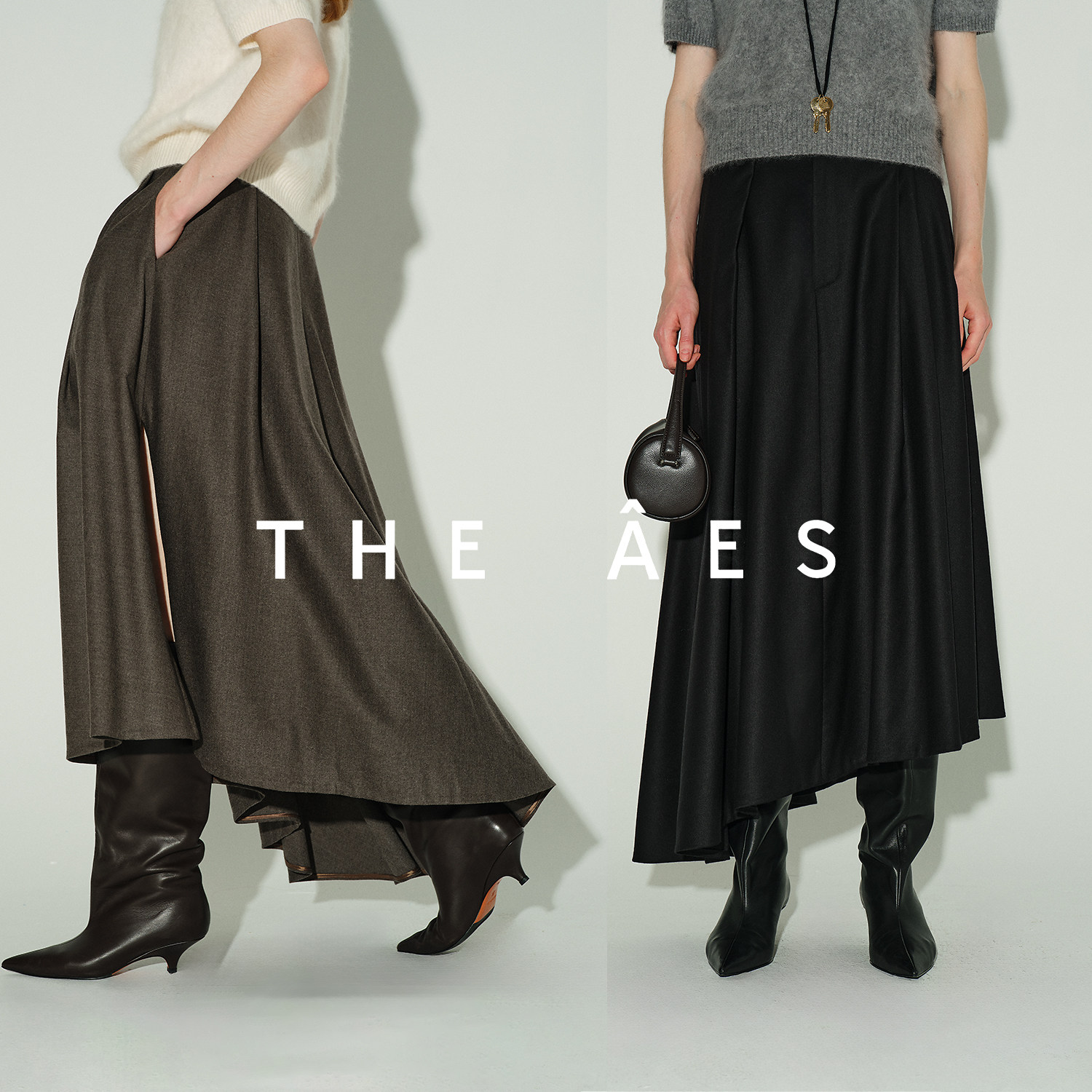 安上THE AES｜意大利MARZOTTO法兰绒复古智性斜摆开叉优雅伞裙