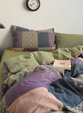 紫色拼接全棉双层纱四件套 A类主卧高级感纯棉被套床单床品三件套