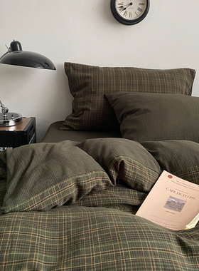 中古老钱风全棉双层纱四件套纯棉绿格子软糯被套床单床上用品简约