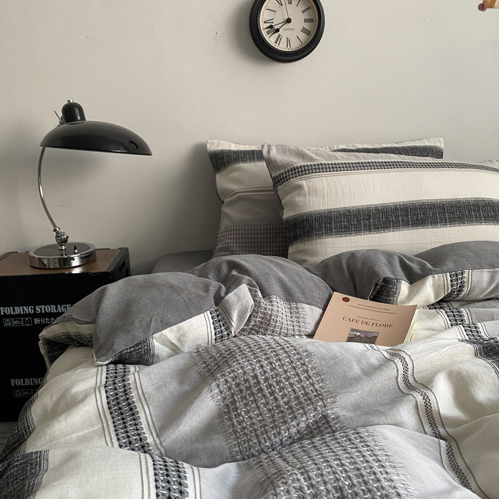 A类超柔软全棉提花四件套 简约风灰色纯棉被套床单床笠三件套耐脏