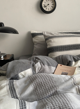 A类超柔软全棉提花四件套 简约风灰色纯棉被套床单床笠三件套耐脏