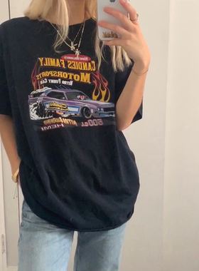 中二ins 美式复古黑色赛车短袖T恤女潮网红街头潮牌上衣纯棉夏季