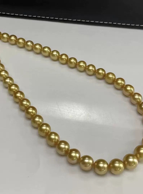 天然高品质浓茶金珍珠项链9-10mm近圆几乎无暇特强光送银扣