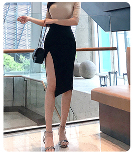 半身裙性感开叉纯色不规则过膝弹力春秋黑色高腰裹身一步裙包臀