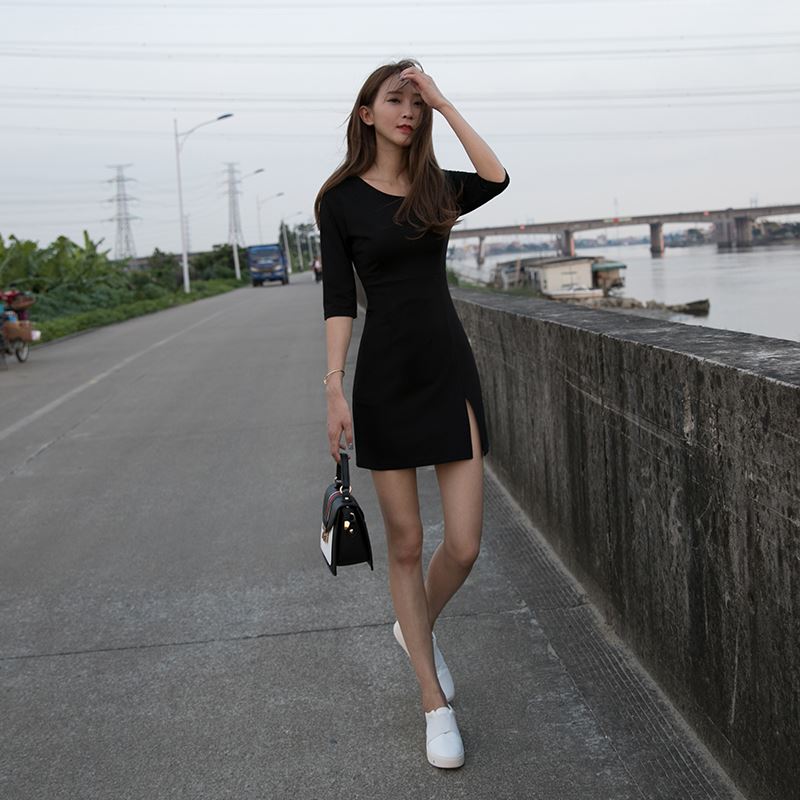 包臀开叉修身气质显瘦一步连衣裙