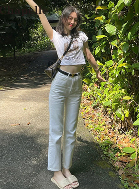 拉夏贝尔白色直筒牛仔裤女夏季2026年新款显瘦小个子九分烟管裤子