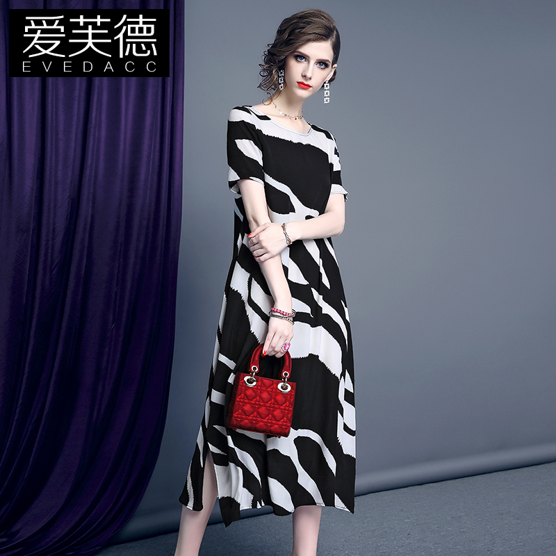 中長款裙子2018夏季新款歐洲站女裝短袖寬松印花雪紡連衣裙a字裙