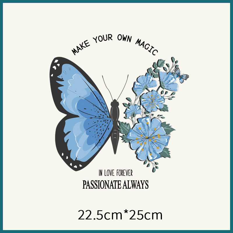 创意花朵蓝色蝴蝶卡通动物图案热转印贴小清新女装印花柯式烫画贴