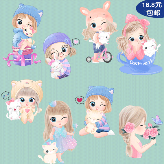 简约可爱大号卡通女孩公主图案热转印童装印花柯式过粉胶印烫画贴