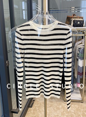纤薄纸片人！后背缝线长袖条纹针织衫女修身套头圆领显瘦打底衫