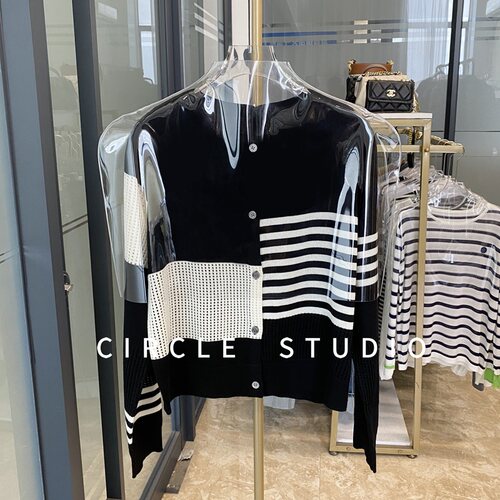 圆领显瘦肌理条纹针织开衫外套