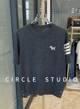 法式学院风~设计感小狗提花薄款丝光精纺羊毛四条杠短袖针织衫T恤