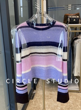 慵懒氛围 小众设计感时髦撞色条纹马海毛套头针织衫女小个子短款