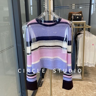 女小个子短款 慵懒氛围 小众设计感时髦撞色条纹马海毛套头针织衫