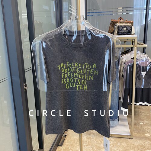 绿色字母印花磨毛加厚短袖T恤女