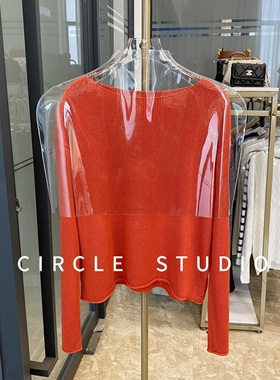 【断码清仓】时髦桔红色休闲慵懒风松弛感船领长袖套头针织衫女