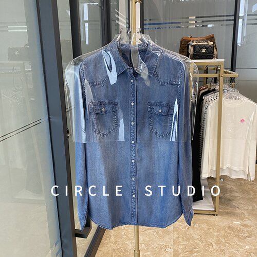 通勤扭扣莱赛尔长袖显瘦牛仔衬衫