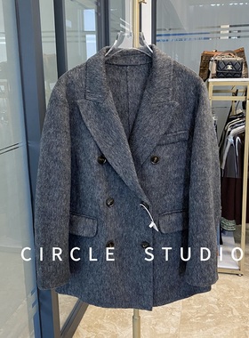 【断码清仓】洋气灰色阿尔巴卡羊毛大衣慵懒气质中长双面毛呢外套