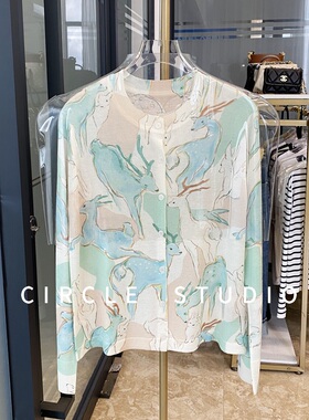 ZUI时髦抢眼 48支双股16针醋酸羊毛趣味森林小鹿印花针织开衫外套