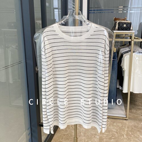 醋酸长袖条纹撞色薄款条纹针织衫