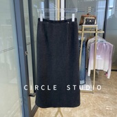 纸片感铅笔裙 气质通勤直筒裙醋酸毛呢裙后中开叉中长款 半身裙