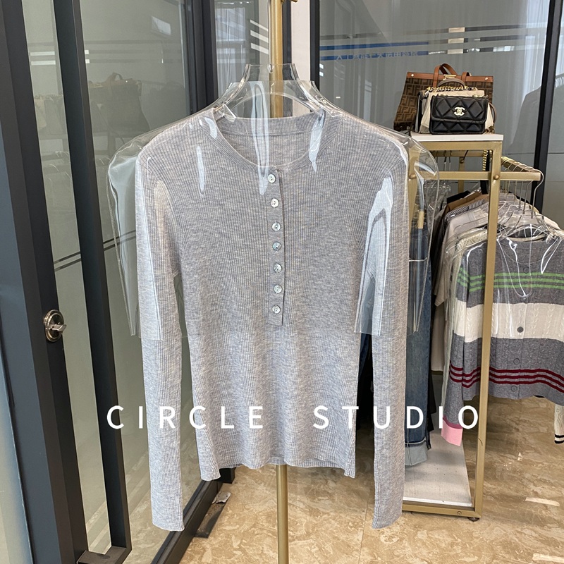 亨利领半开套头修身显瘦针织衫女