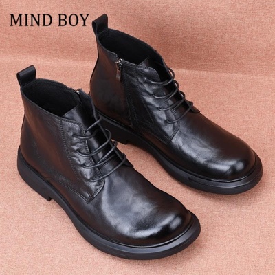 MIND BOY男士头层牛皮秋季马丁时尚真皮休闲中帮高帮皮鞋潮流皮靴