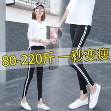 大码运动打底裤女春秋外穿个性时尚潮流显瘦胖mm200斤黑色小脚裤