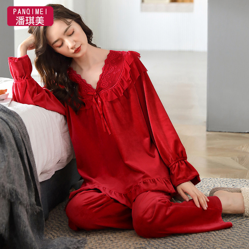 红色珊瑚绒睡衣女士加绒长袖春秋保暖本命年家居服海岛绒秋冬套装