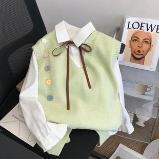 小清新V领针织马甲毛衣背心女童外搭2025年新款学院风叠穿坎肩2件