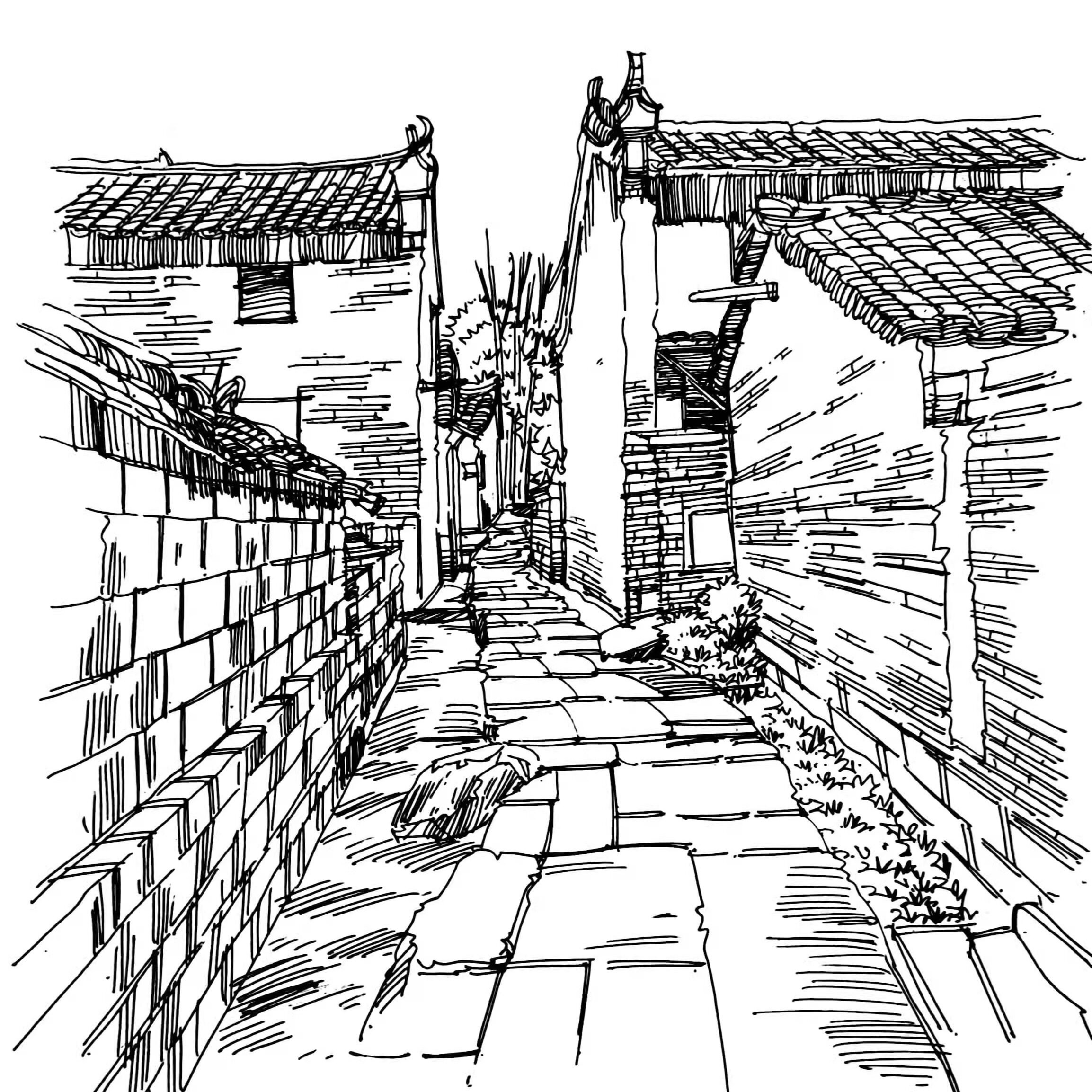 古镇速写纯手绘定制 照片写生速写代画 乡村风景建筑速写可邮寄