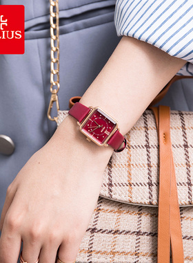 聚利时小众手表女方形时尚潮流简约红色韩版新款石英女士手表大气