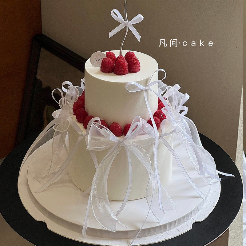 浪漫纪念白月光告白订婚结婚白纱带蝴蝶结蛋糕装饰鱼尾纱喜字插牌