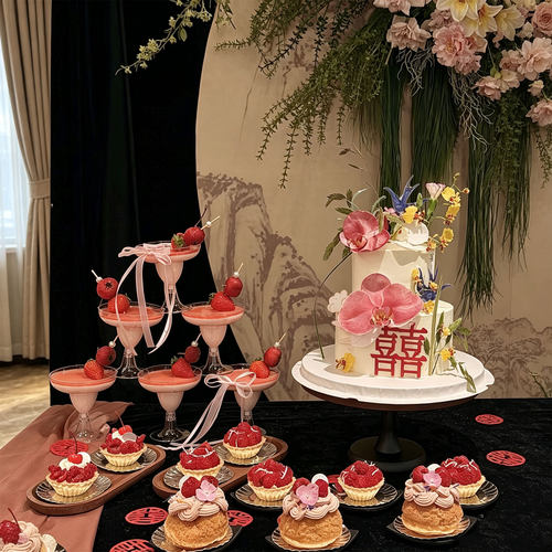 新中式订婚甜品台蛋糕装饰喜字插件仿真花纸杯甜品装扮烘焙摆件