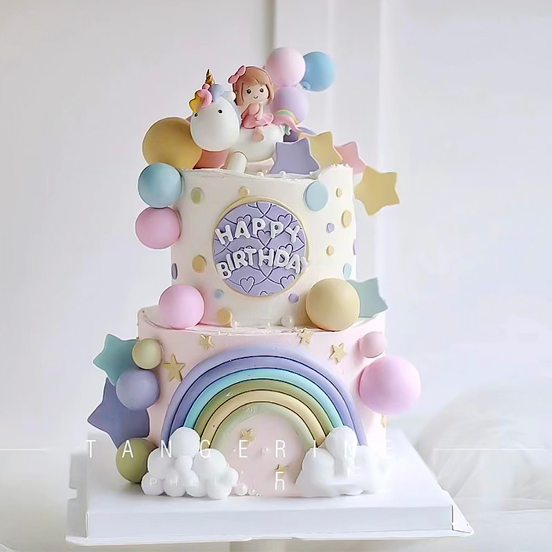 卡通生日蛋糕装饰摆件大头独角兽女孩马卡龙球球彩虹城堡儿童甜品