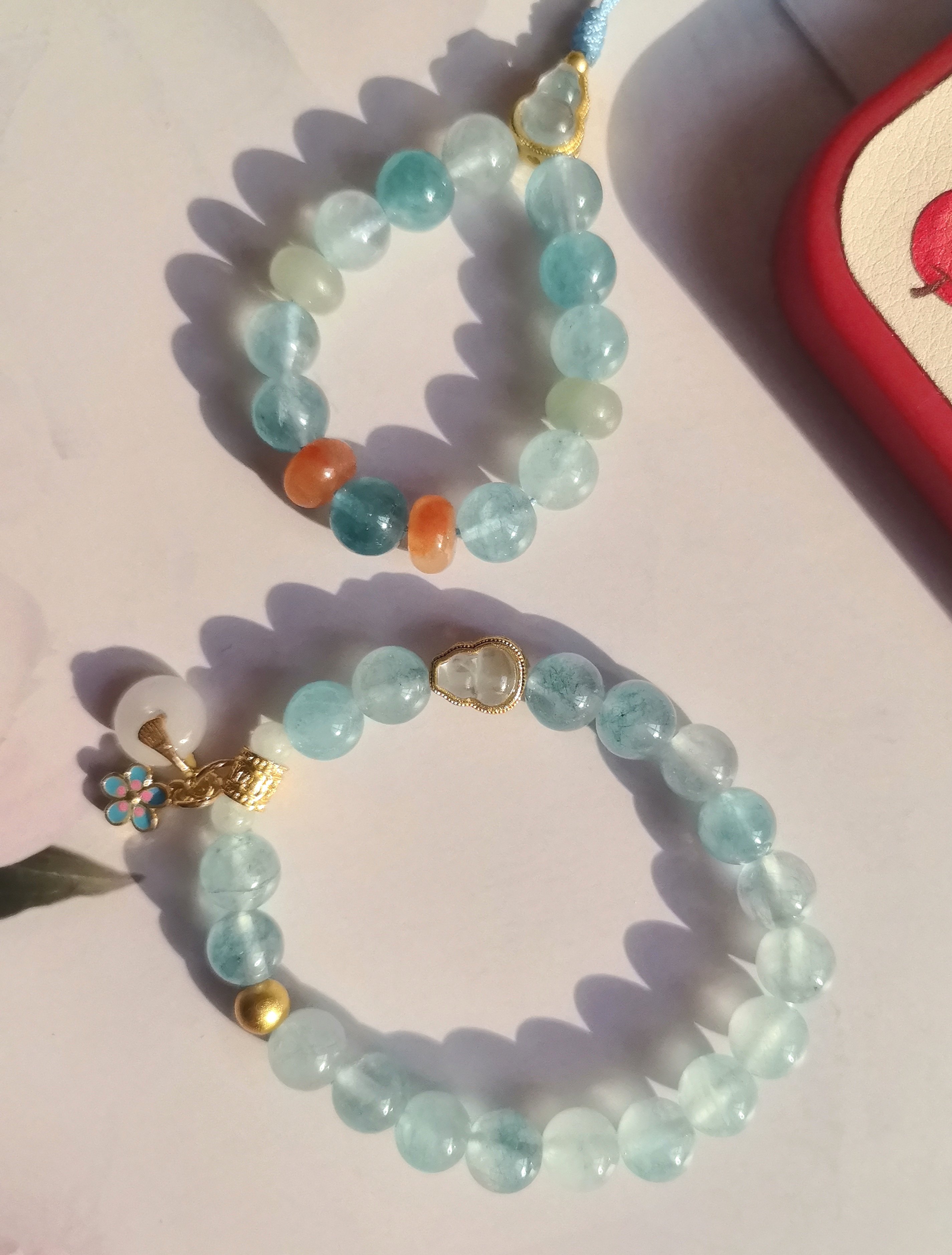 天然水晶手链女款包金配饰冰蓝碧玺手串手机挂环简约百搭包邮