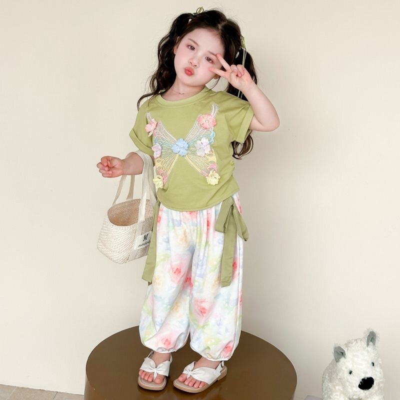 女小童甜美时尚蝴蝶结扎染套装2026夏款女孩短袖灯笼裤薄款两件套