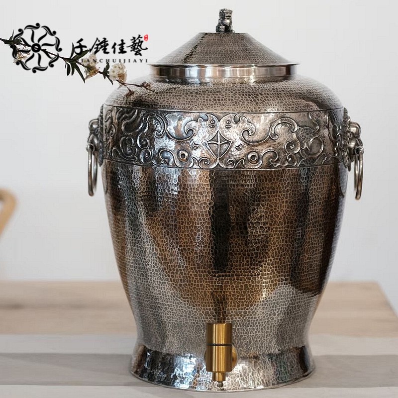 千锤佳艺大理雪花银纯手工足银水缸家用防腐纯银999储水罐银酒缸