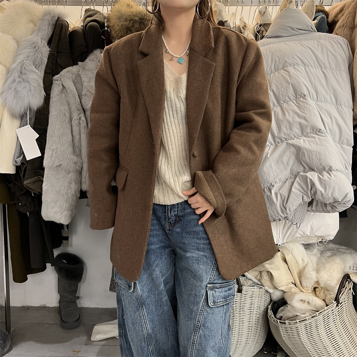 PLNH2025冬季新款韩版时尚设计感宽松显瘦保暖羊毛羽绒西装外套女