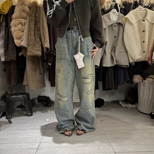 PLNH2025秋冬新款韩系设计高腰宽松显瘦复古破洞直筒磨毛牛仔裤女