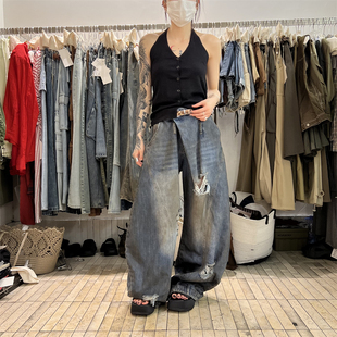 PLNH2025秋冬新款韩版时尚宽松显瘦洋气破洞牛仔弯刀破洞阔腿裤女