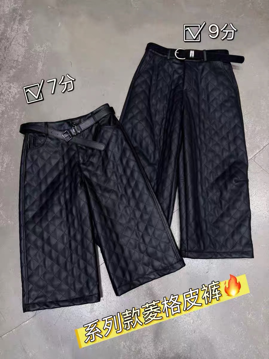 LIAN里安2025冬季新款韩版时尚菱格纹皮裤女高腰显瘦直筒阔腿裤女